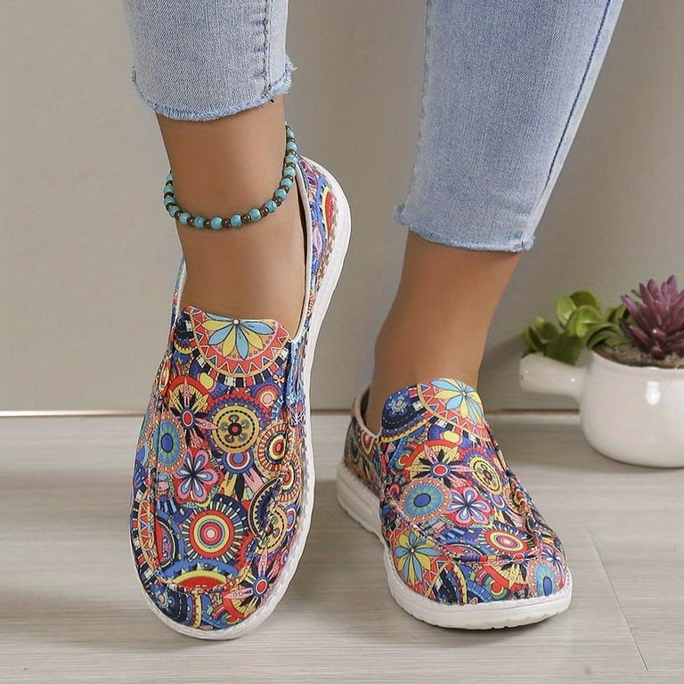 Women s Floral Pattern Slip on Loafers Fashion Canvas Shoes Lightweight Casual Sneakers Walmart