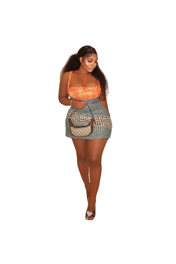 Women's Floral & Plaid Print Spliced Halter Slash Neck Sleeveless Mini Dress, Hips Wrapped