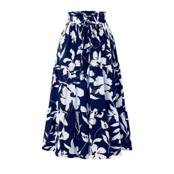Women's Floral Pleated Elastic Waist Lace Trim Skirt - Loose Fit Bohemian Midi Skirt for Garden Parties, Vacations, and Everyday Chic Style,Navy XL
