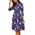 thumbnail image 1 of Women's Floral Pleated Midi Dress Summer Casual Short Sleeve Swing Dress with Crew Neck Purple Blue L, 1 of 5