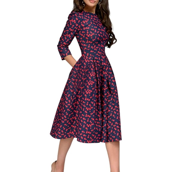 Women's Floral Pleated Midi Dress Summer Casual Short Sleeve Swing Dress with Crew Neck Red XL