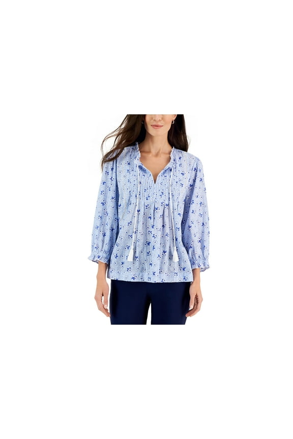 Women's Floral Pleated-Yoke Peasant Top Cerulean Sky Combo XS
