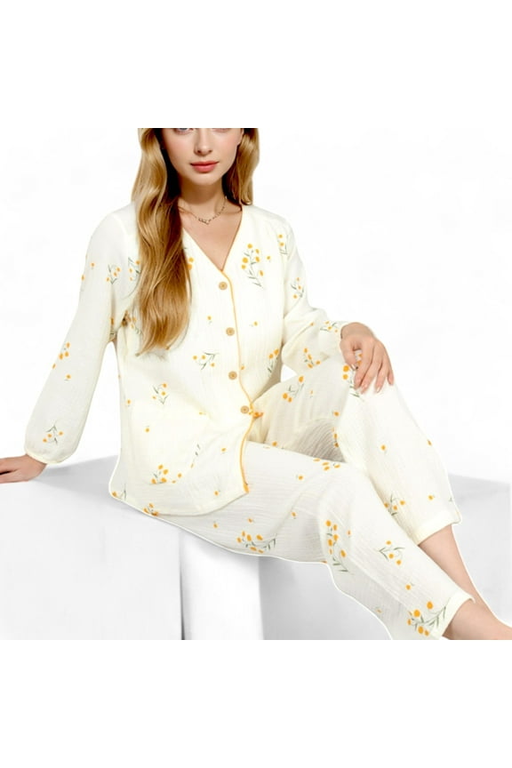 Women's Floral Print 2-Piece Pajama Set with Button-Front Top and Soft Muslin Textured Fabric - Large, Light Beige