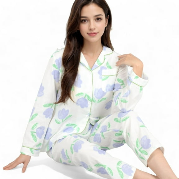 Women's Floral Print 2-Piece Pajama Set with Long Sleeve Button-Up Top and Relaxed Fit Pants - Large, White