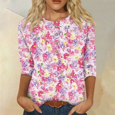 Women's Floral Print 3/4 Length Sleeve T Shirts Button Down Scoop Neck Casual Tops