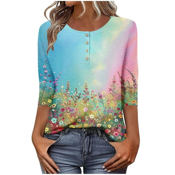 Women's Floral Print 3/4 Sleeve Blouse – Loose Fit Crew Neck Button-Down Top | Casual Summer Shirt for Work & Weekend