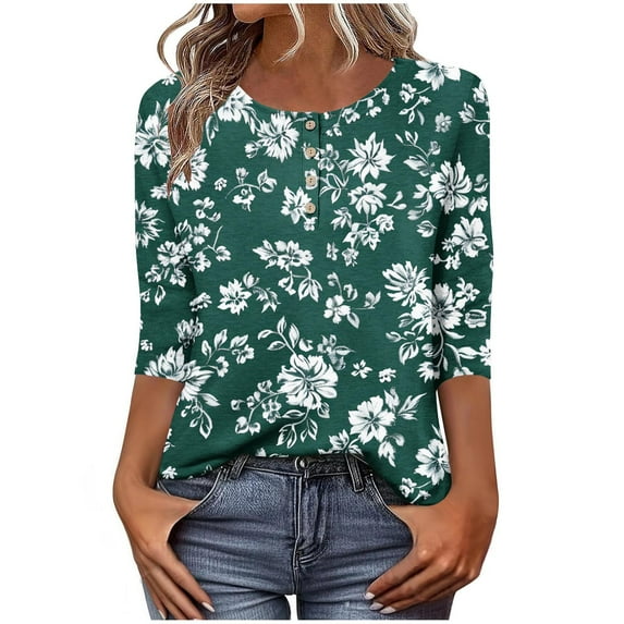 Women's Floral Print 3/4 Sleeve Blouse – Loose Fit Crew Neck Button-Down Top | Casual Summer Shirt for Work & Weekend