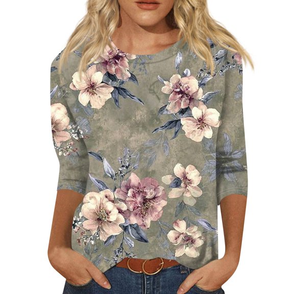 Women's Floral Print 3/4 Sleeve Casual Blouse, Soft Lightweight Crewneck Top, Elegant Loose Fit Tunic Shirt for Spring Summer