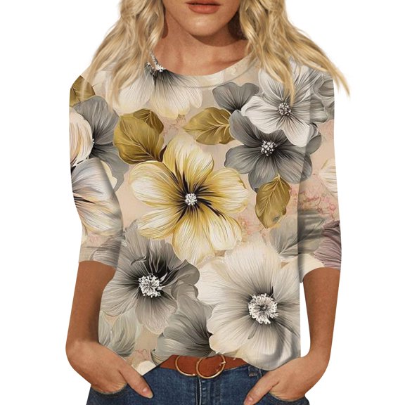 Women's Floral Print 3/4 Sleeve Casual Blouse, Soft Lightweight Crewneck Top, Elegant Loose Fit Tunic Shirt for Spring Summer