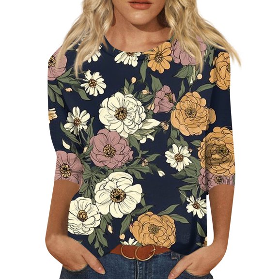 Women's Floral Print 3/4 Sleeve Casual Blouse, Soft Lightweight Crewneck Top, Elegant Loose Fit Tunic Shirt for Spring Summer