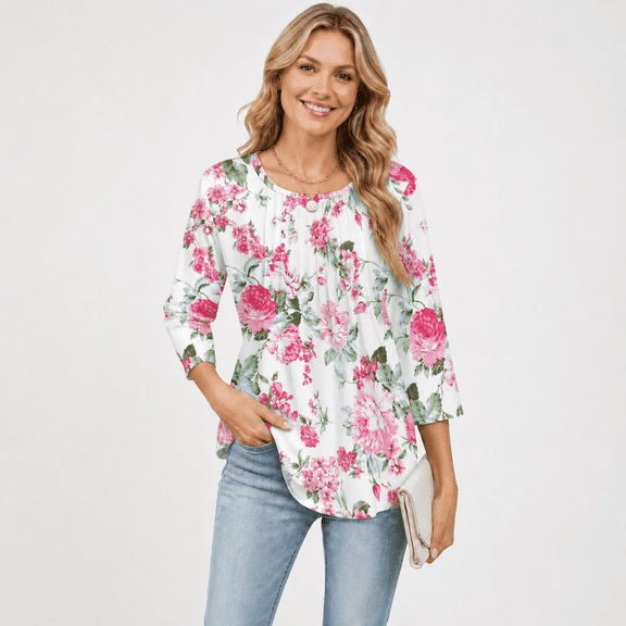 Women's Floral Print 3/4 Sleeve Round Neck Casual Tunic Blouse