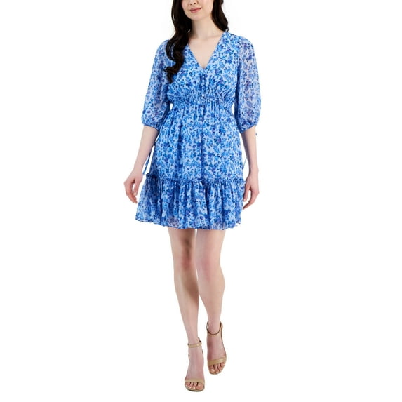 Women's Floral-Print 3/4-Sleeve Smocked-Waist Dress Cornflower/Blue 6