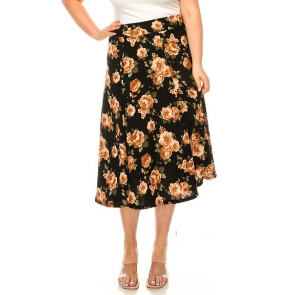 MOA COLLECTION Women's Floral Print A-Line Midi Skirt with Paneled Design and Banded Waist