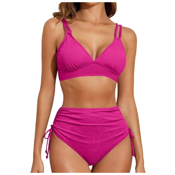 Women's Floral Print Bikini Set High Waisted Color Block Tie Back Two Piece Bathing Suit Ruched Push Up Triangle Halter Top