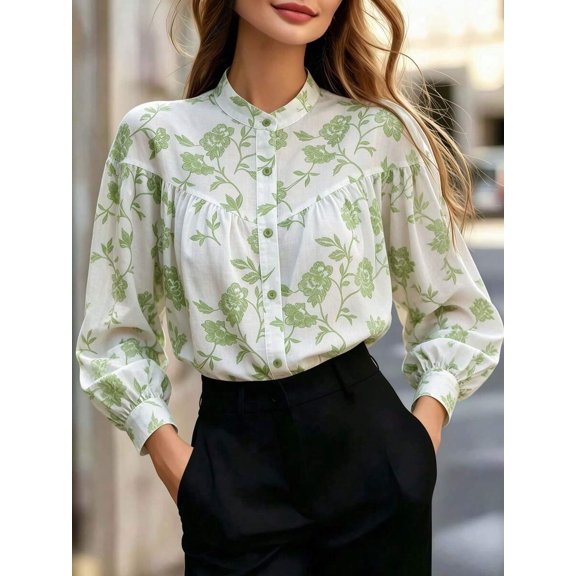 Women's Floral Print Blouse Mandarin Collar Button Front Long Sleeve Lantern Sleeve Gathered Detail Top Elegant French Style for Office Commute & Smart Casual Occasions