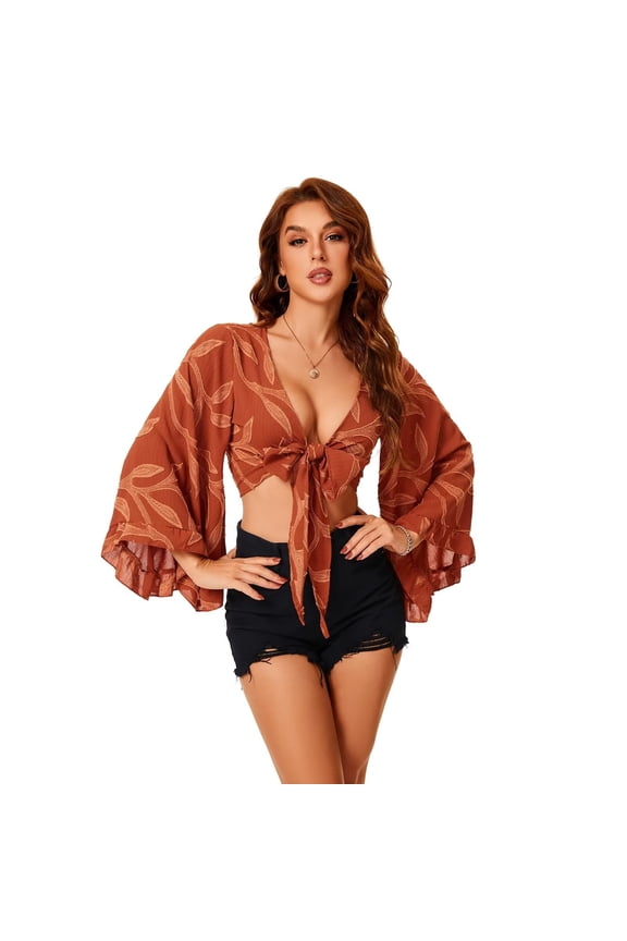 Women's Floral Print Boho Blouse - Deep V-Neck, Ruffled Crop Top with Bow Tie & Bell Sleeves