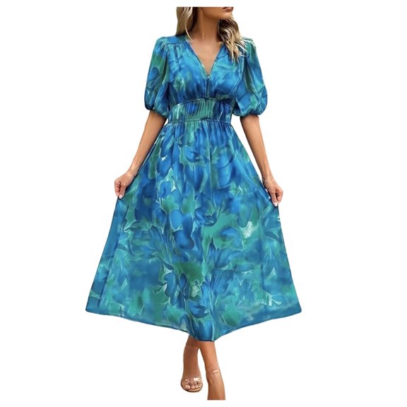 Women's Floral Print Boho Dress Long Sleeve Wrap V Neck Ruffle Belted A-Line Flowy Maxi Dresses