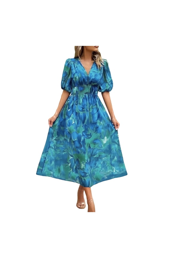 Women's Floral Print Boho Dress Long Sleeve Wrap V Neck Ruffle Belted A-Line Flowy Maxi Dresses