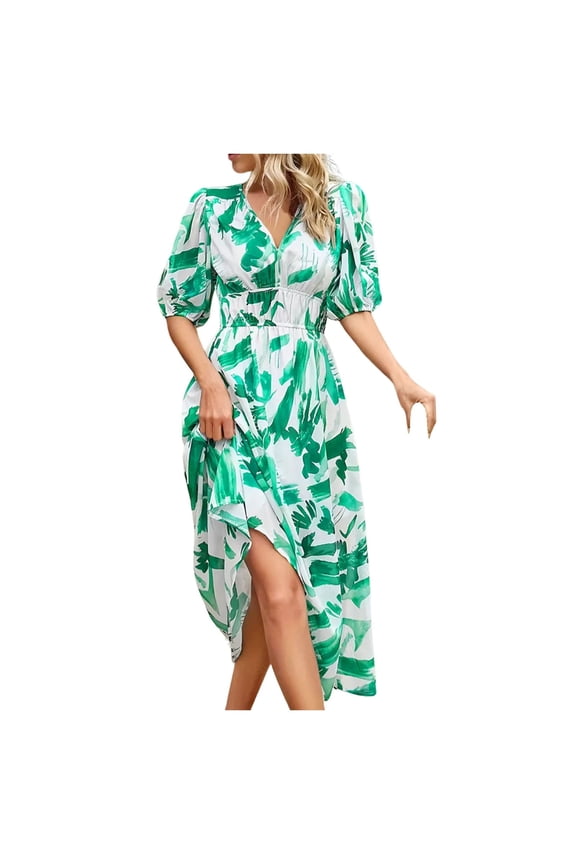 Women's Floral Print Boho Dress Long Sleeve Wrap V Neck Ruffle Belted A-Line Flowy Maxi Dresses