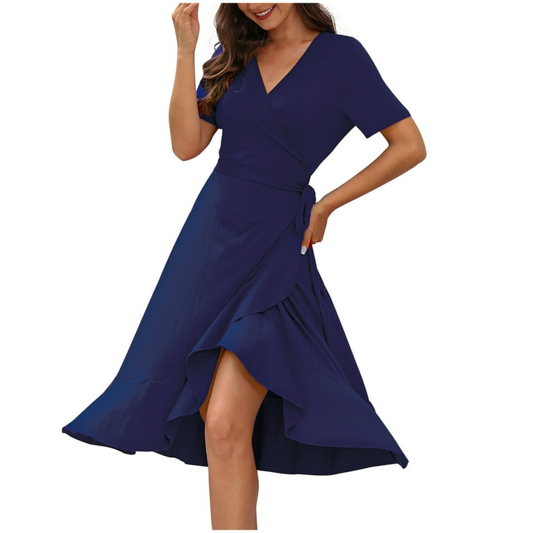 Deep V Collar Polka Dot Printed Belted Ruffled Vacation Dress Deep V Collar Polka Dot Printed Belted Ruffled Vacation Dress