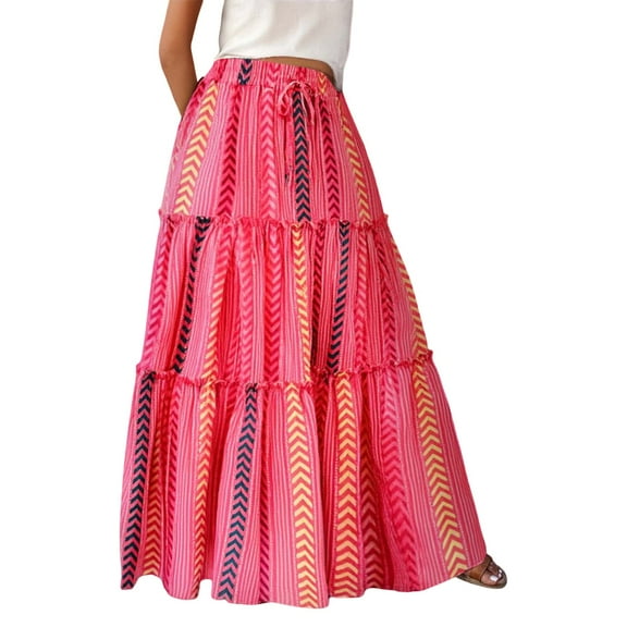 Women's Floral Print Boho Maxi Skirt Elastic High Waist, Pleated Ruffle, Flowy Long Skirt, Polyester, Suitable for Outings