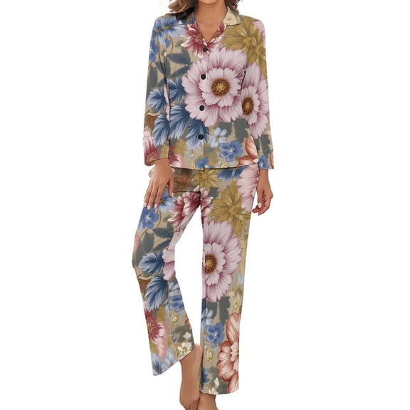 Women's Floral Print Button Pajamas 2-Set, Long sleeves Top and Pants with Pockets, Comfortable Loose Fit Pajamas for Women, Summer and Autumn Loungewear