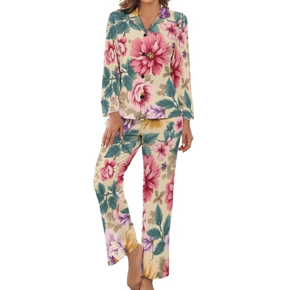 Women's Floral Print Button Pajamas 2-Set, Long sleeves Top and Pants with Pockets, Comfortable Loose Fit Sleepwear for Women, Warm Weather Loungewear