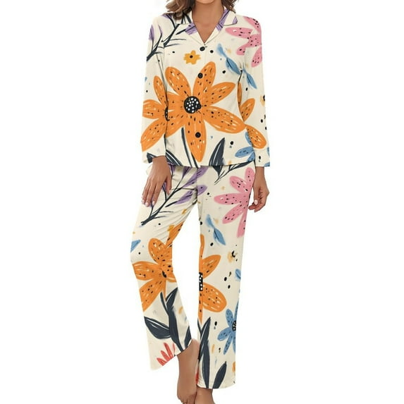 Women's Floral Print Button Pajamas 2-Set, Long sleeves Top and Pants with Pockets, Comfortable Loose Fit Sleepwear for Women, Stylish Loungewear