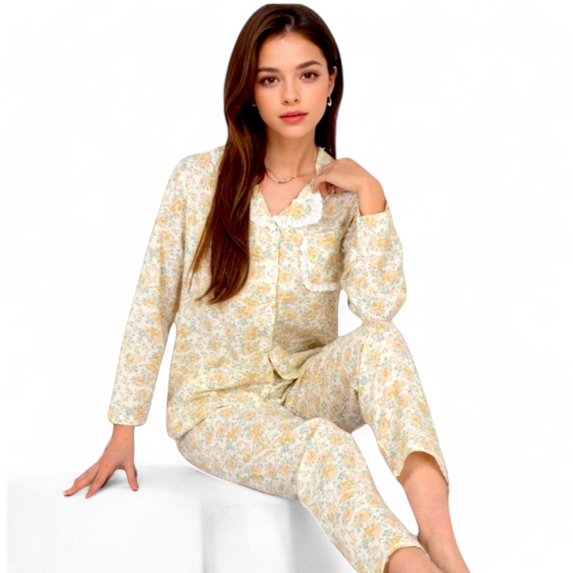 Women's Floral Print Button-Up Long Sleeve Pajama Set with Ruffle Details - Medium, Blue