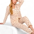 thumbnail image 1 of Women's Floral Print Button-Up Long Sleeve Pajama Set with Ruffle Details - Small, Light Beige, 1 of 7