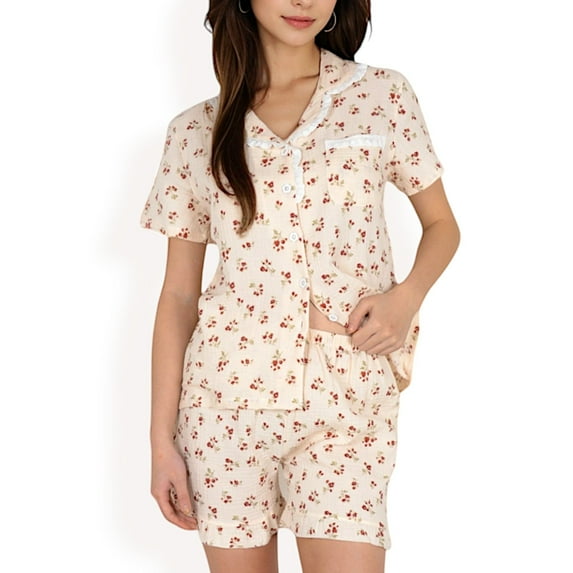 Women's Floral Print Button-Up Short Pajama Set - Large, Light Beige