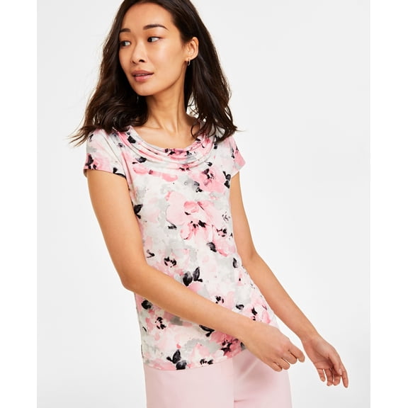 Women's Floral-Print Cap-Sleeve Cowlneck Top Tutu Pink Mult XL