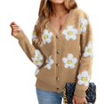 thumbnail image 1 of Women's Floral Print Cardigan Long Sleeve Open Front Button Down V Neck Knitted Sweaters Camel Color XL, 1 of 7