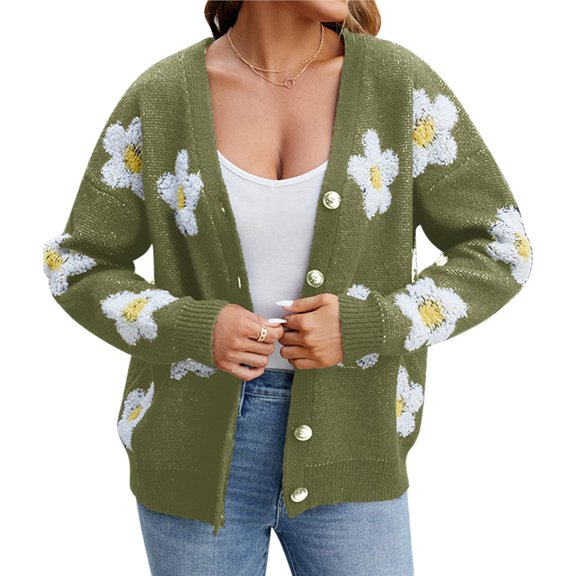 Women's Floral Print Cardigan Long Sleeve Open Front Button Down V Neck Knitted Sweaters Green L