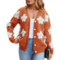 thumbnail image 1 of Women's Floral Print Cardigan Long Sleeve Open Front Button Down V Neck Knitted Sweaters Orange-Red M, 1 of 7