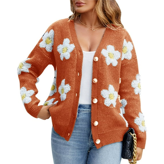 Women's Floral Print Cardigan Long Sleeve Open Front Button Down V Neck Knitted Sweaters Orange-Red M