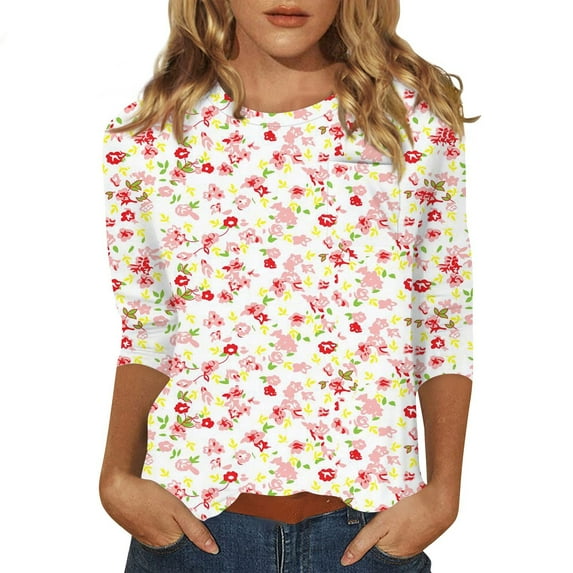Women's Floral Print Casual Blouse Lightweight Summer Tops with 3/4 Sleeves and Round Neckline Vibrant Colors