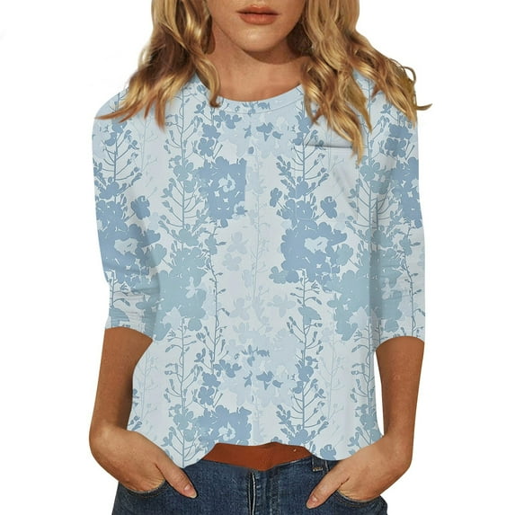 Women's Floral Print Casual Blouse Lightweight Summer Tops with 3/4 Sleeves and Round Neckline Vibrant Colors