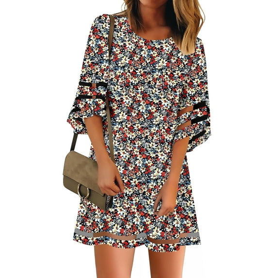 Women's Floral Print Casual Dress Crewneck Mesh Panel Dress Floral Print Size XL