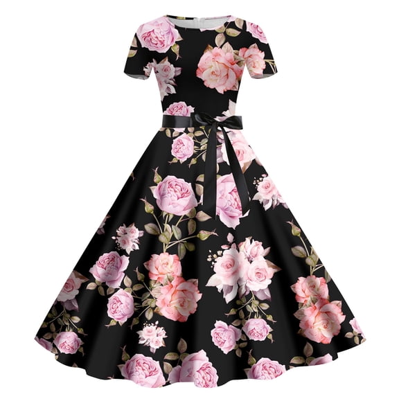 Women's Floral Print Casual Dress Round Neck Short Sleeve Retro Style Fashionable Comfortable Summer Skirt