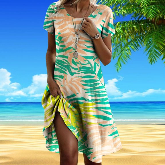 Women's Floral Print Casual Dress Round Neck Vacation Everyday Wear Spring Summer Basic Comfortable Stylish Feminine Outfit Denim Dress for Women Casual Womens Fashion Casual Summer V Neck Dress for