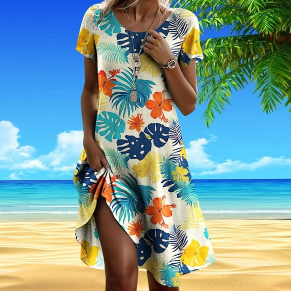 Women's Floral Print Casual Dress Round Neck Vacation Everyday Wear Spring Summer Basic Comfortable Stylish Feminine Outfit Women Maxi Dresses Summer Casual Short Sleeve Dress Floral Dresses See Throw