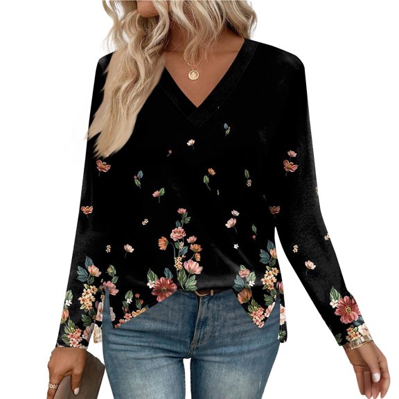 Women's Floral Print Casual Loose Long-Sleeved T-Shirt Top, Comfort Fit and Easy Wear for Daily Use and Weekend Activities,Black,S