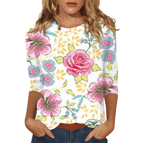 Women's Floral Print Casual Round Neck 3/4 Sleeve Blouse Lightweight, Breathable, Comfortable Top