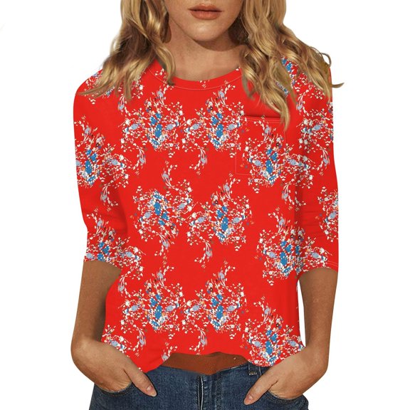 Women's Floral Print Casual Round Neck 3/4 Sleeve Blouse Lightweight, Breathable, Comfortable Top