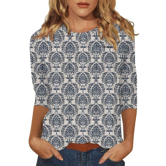 Women's Floral Print Casual Round Neck 3/4 Sleeve Blouse Lightweight, Breathable, Comfortable Top