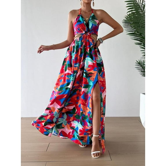 Women's Floral Print Chain Decor Split Thigh Tie Back Cami Dress, Casual Ring Linked Halter Backless Maxi Dress for Beach Holiday Vacation, Dresses for Women, Ladies Summer Clothes