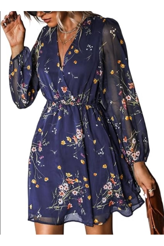 Women's Floral Print Chiffon A-Line Mini Dress Long Peasant Sleeves Elastic Dress