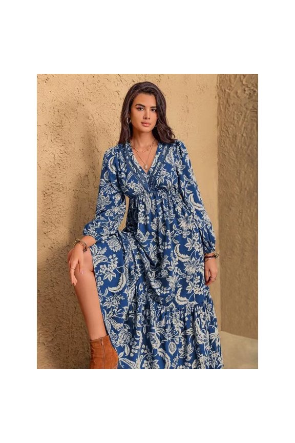 Women's Floral Print Contrast Lace Ruffle Hem Dress, Elegant Bishop Sleeve V Neck A Line Dress for Vacation Holiday, Women's Clothes for Fall & Winter