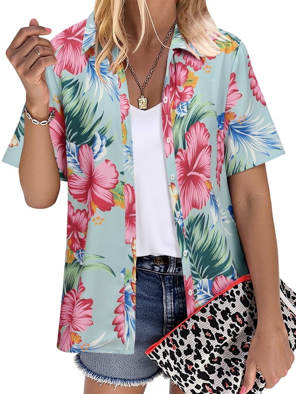 Women's Floral Print Crew Neck Buttons Pleated Tank Tops